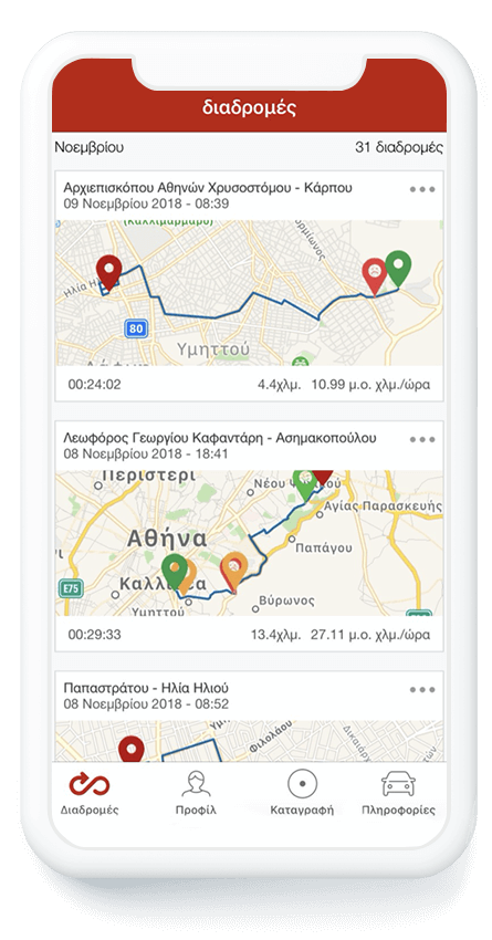screenshot από οθόνη κινητού με το ιστορικό διαδρομών χρήστη μέσω της εφαρμογής My Drive by Generali